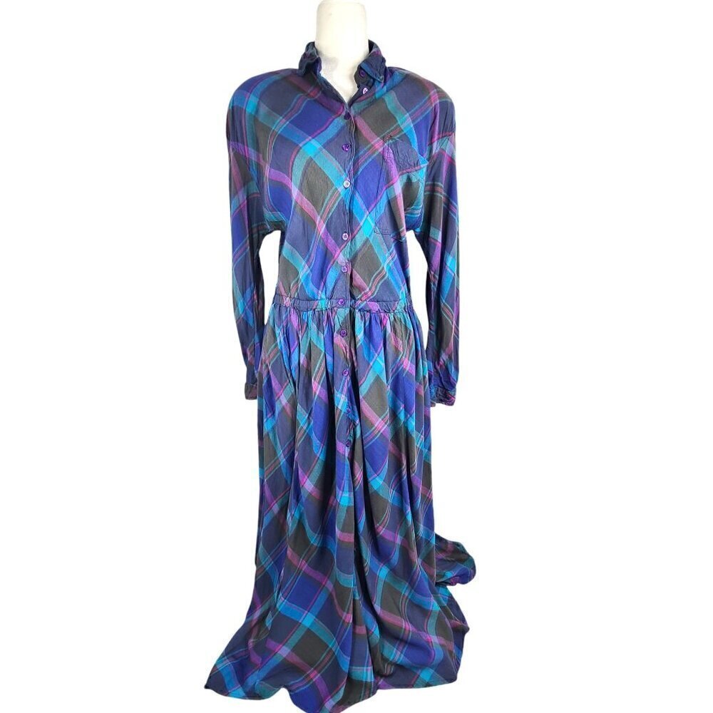 Vintage 70s Together Blue Green Plaid Grunge Prairie Long Sleeve Maxi Dress